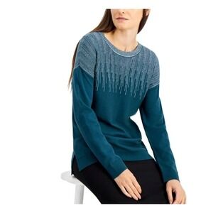 Alfani Women's Sweater Plus Size 1X Teal Green Pullover Silver Thread
